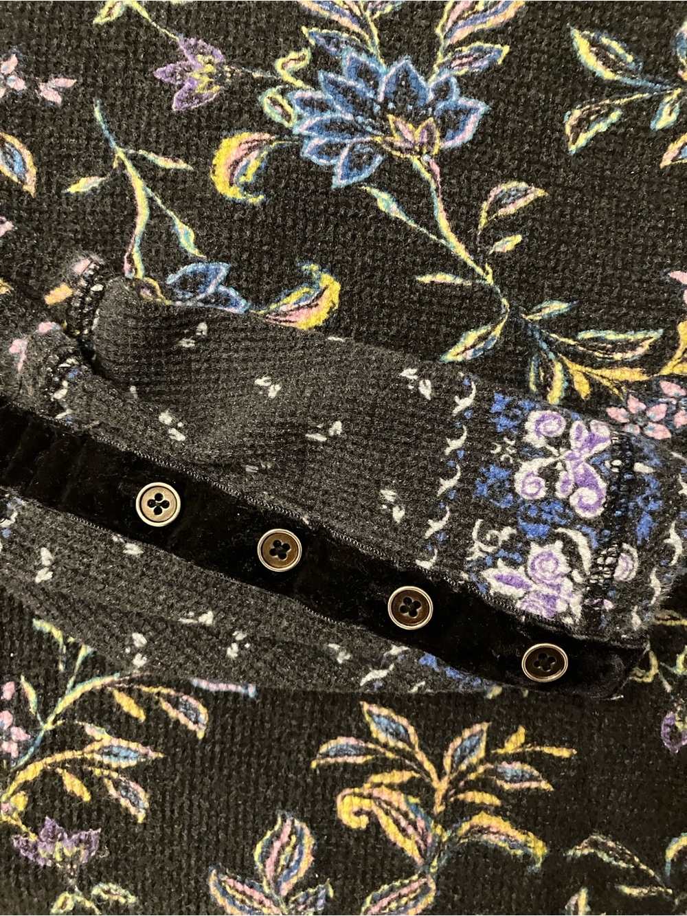 Sundance Black Long-Sleeve Floral Waffle Knit Top with Velvet Trim and Buttons - Picture 6 of 7